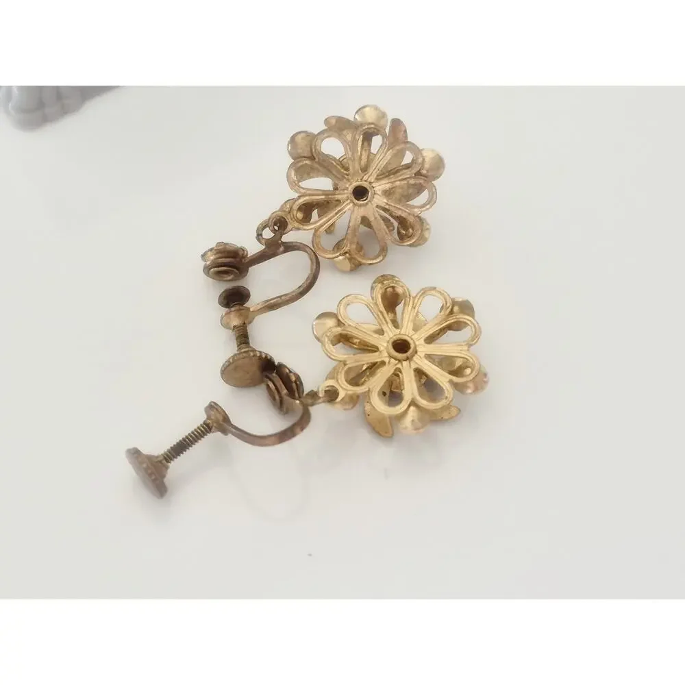 Vintage MCM Iris Striped Rhinestone Dangle Flower Screw-on Earrings